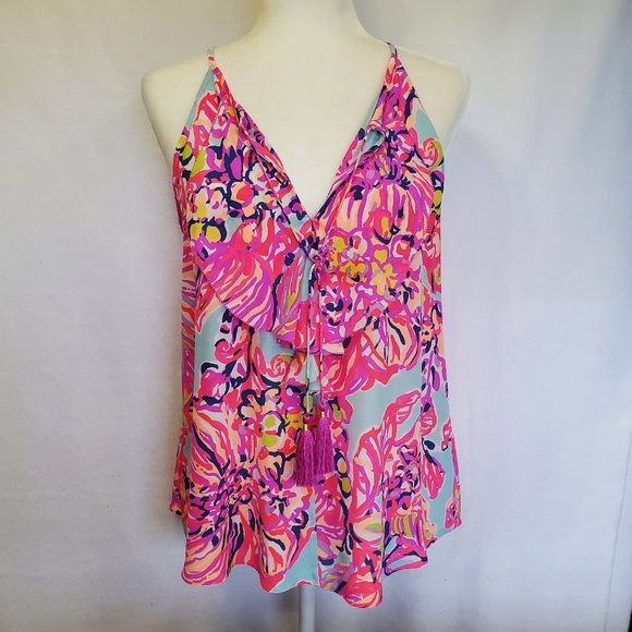Lilly Pulitzer Lachelle Silk Top Small Serene Blue Big‎ Escapade Tassels S - Picture 3 of 14